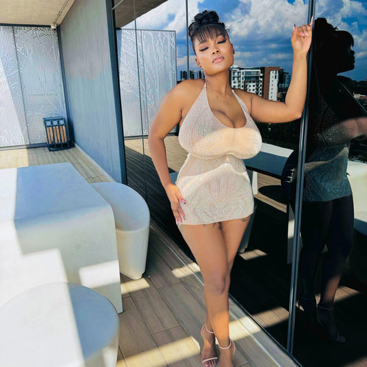 Hot Rhinestones Halter Mesh Midi Dress