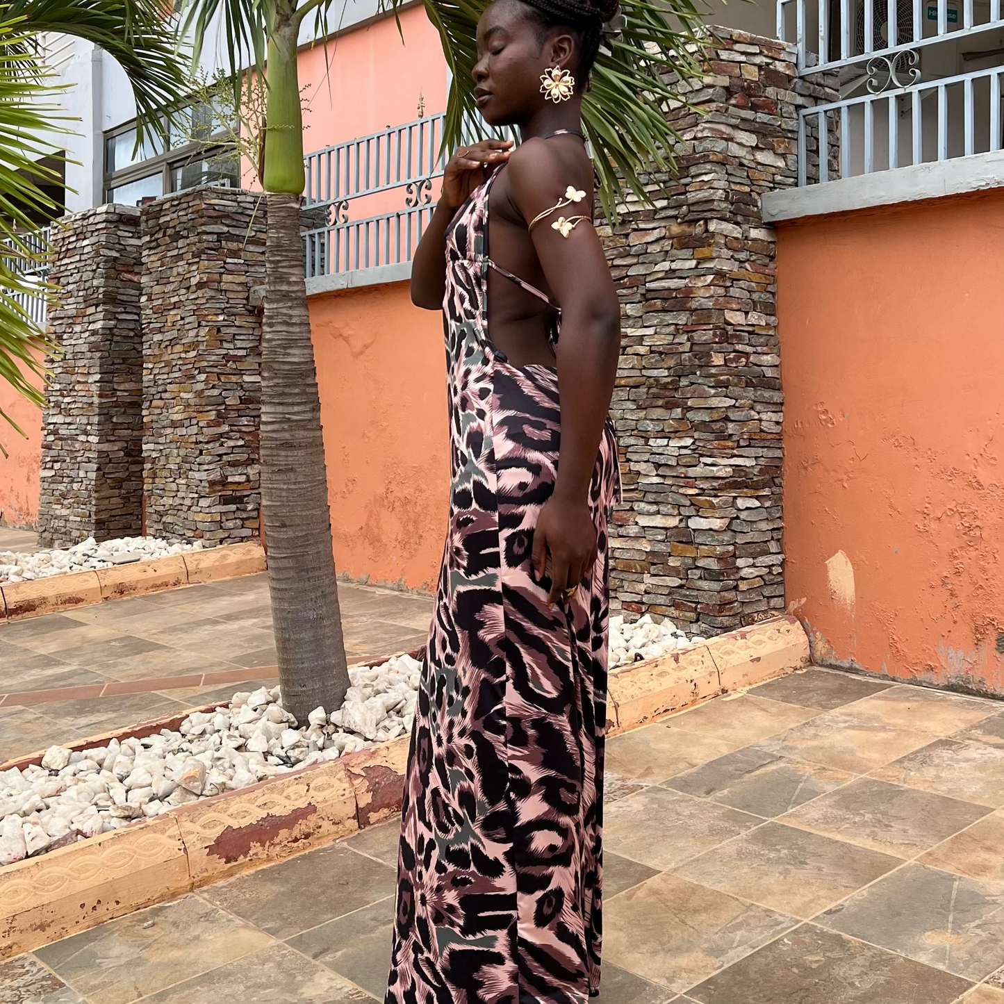 Leopard Print Backless Halter Dress