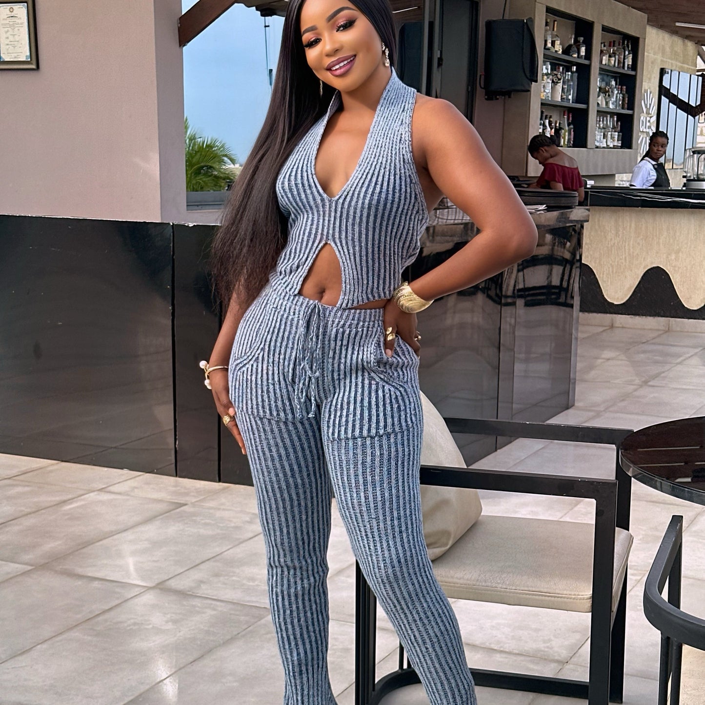 Striped Crochet Halter V-Neck Vest & Pant  Set