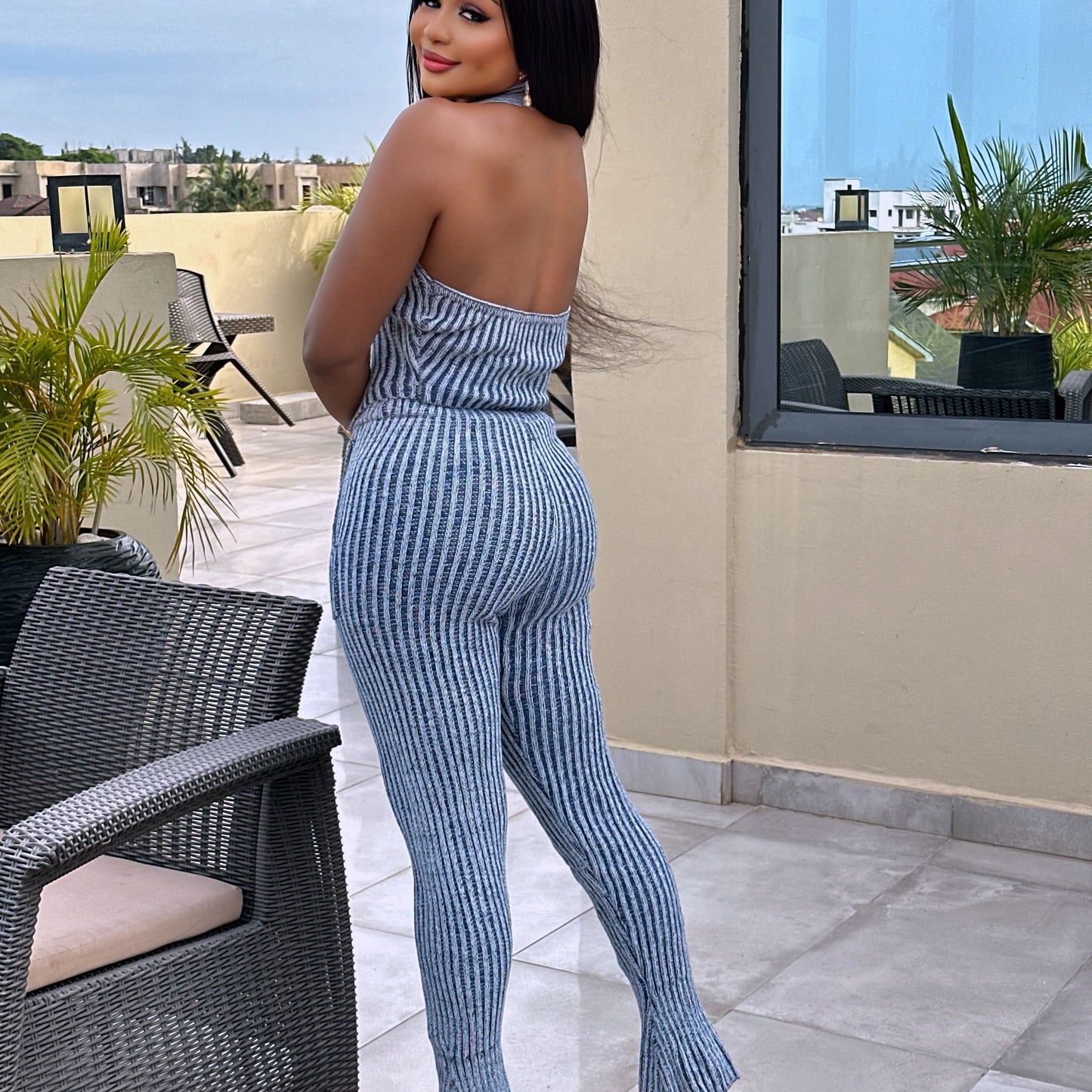 Striped Crochet Halter V-Neck Vest & Pant  Set