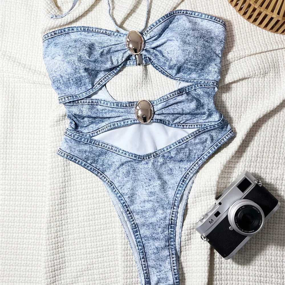 Hollow Out Denim Swimsuit