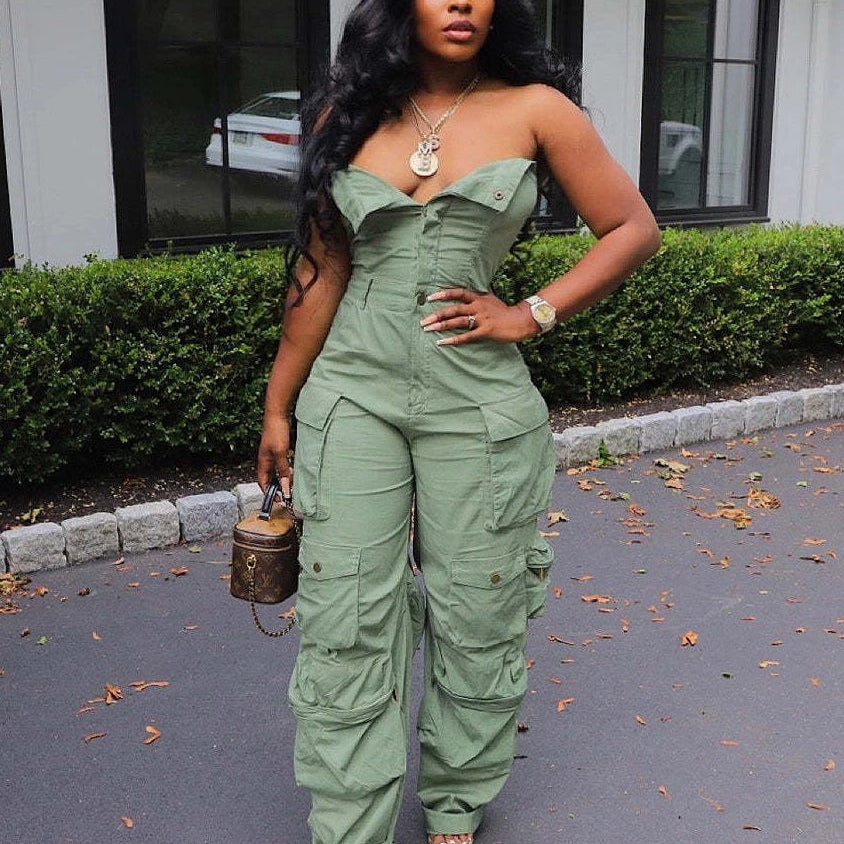 Strapless Button Ruched Cargo Jumpsuit