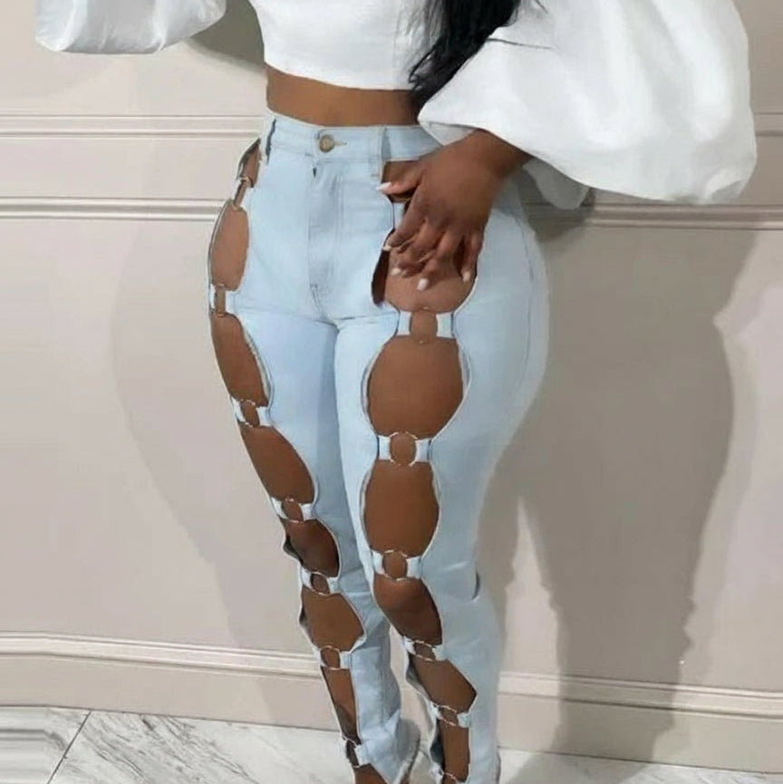 Hollow Out Patchwork Bodycon Denim Pant