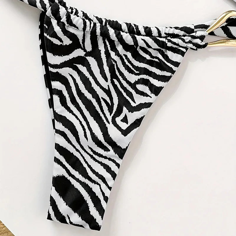 Zebra Striped Halter Triangle Bikini