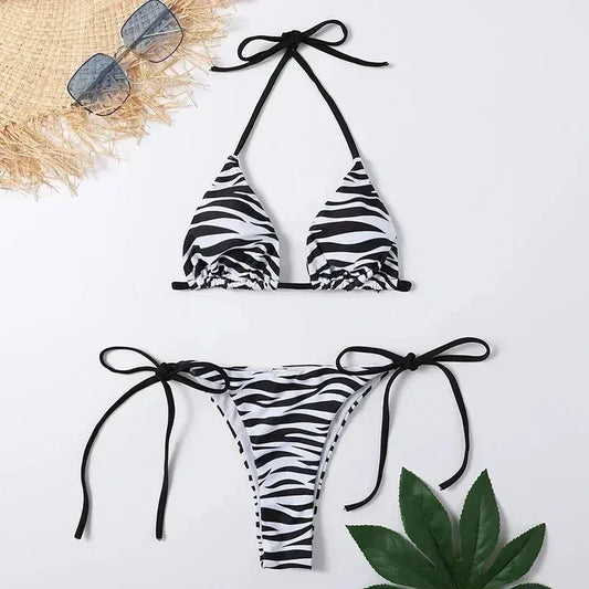 Zebra Striped Halter Triangle Bikini