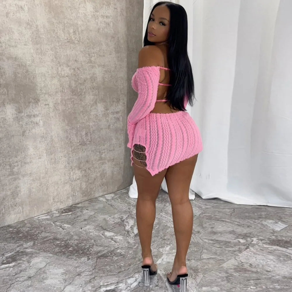 Solid Knitted Ruched Off Shoulder Dress