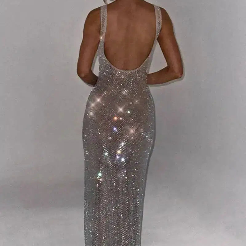 Sequined Mesh Diamond Maxi Dress