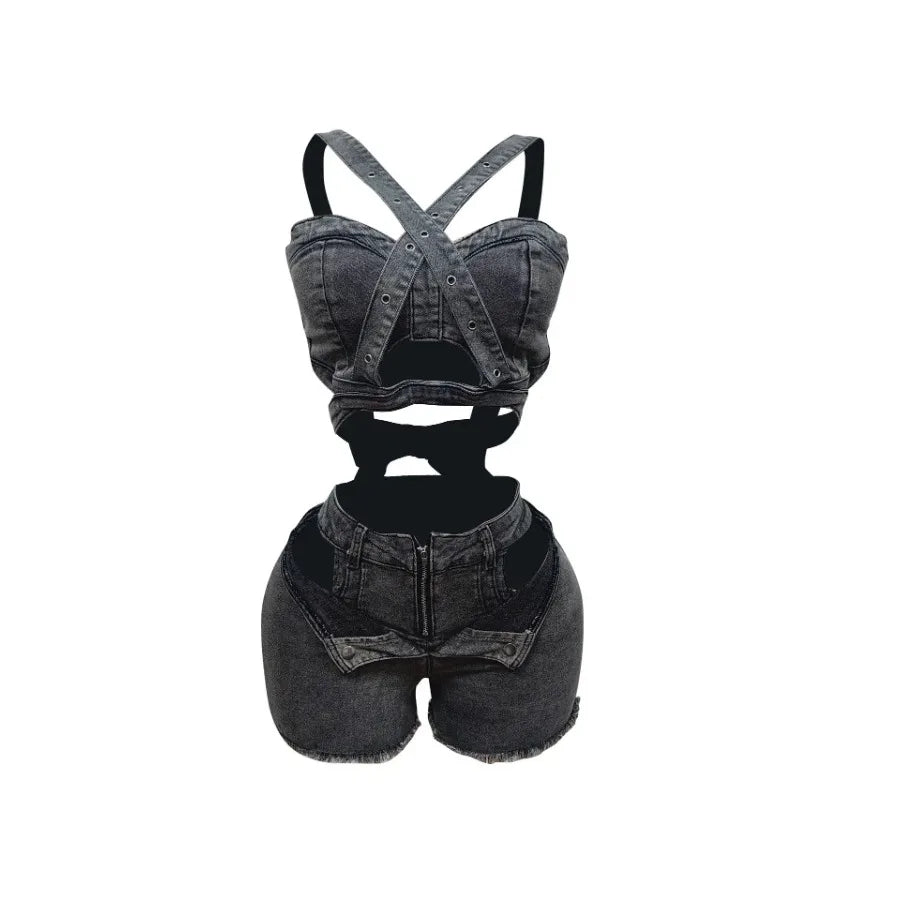 Two Piece Denim Top and Short Set