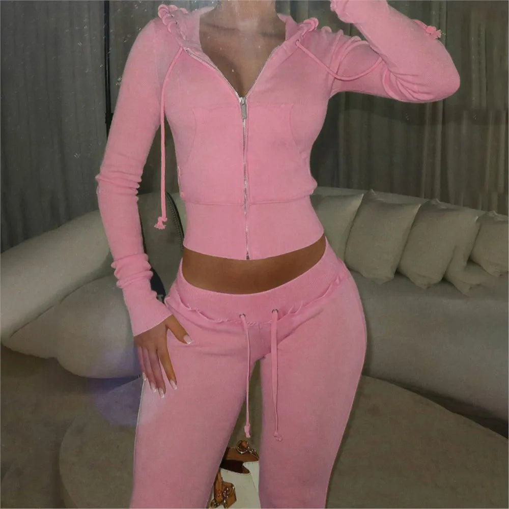 Solid Drawstring Two-Piece Hooded Tracksuit