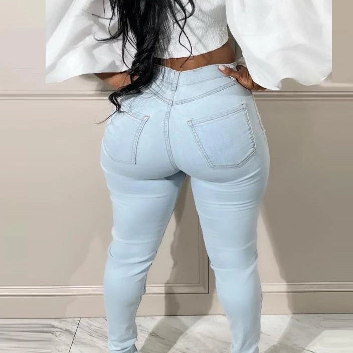 Hollow Out Patchwork Bodycon Denim Pant