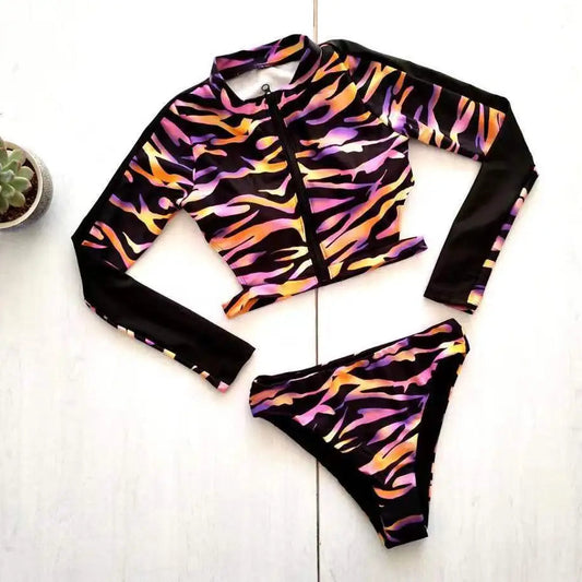 Long Sleeve Zipper Backless High Waist Bikini Set
