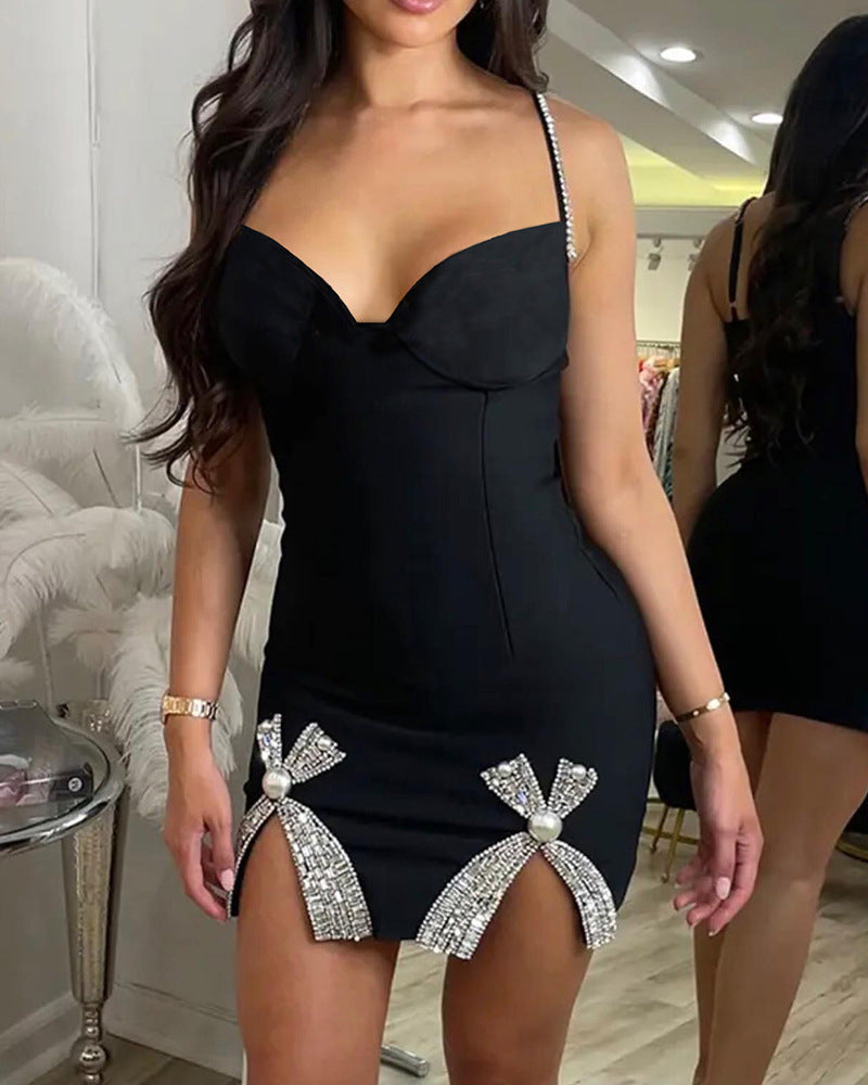 Rhinestone Backless Mini Dress